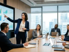 A businesswoman presents financial data and analyses to a team.