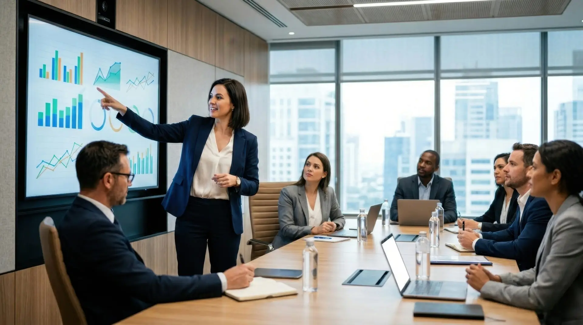 A businesswoman presents financial data and analyses to a team.